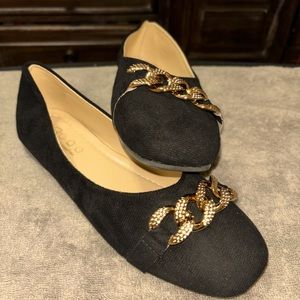 Women Chain Decor Flats, Fashion Black Faux Suede Loafer Flats For Outdoor